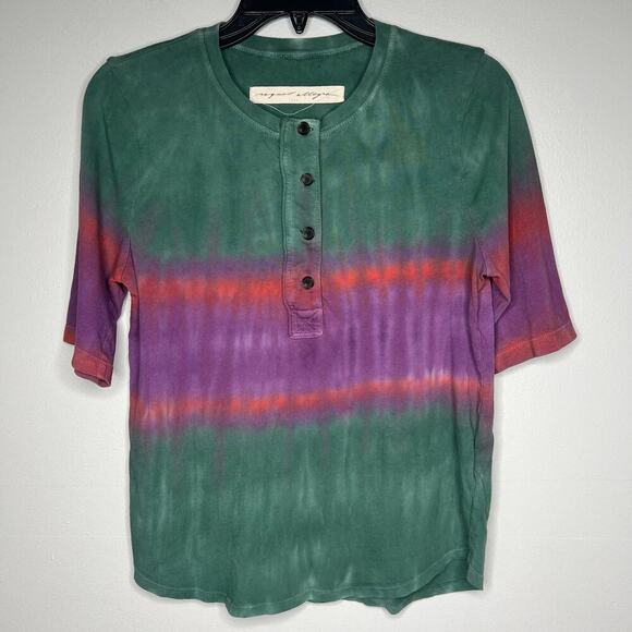 Raquel Allegra Tie Dye Cotton Henley T-Shirt Short Sleeve Sz 1 Small Boho Hippie - Picture 1 of 10